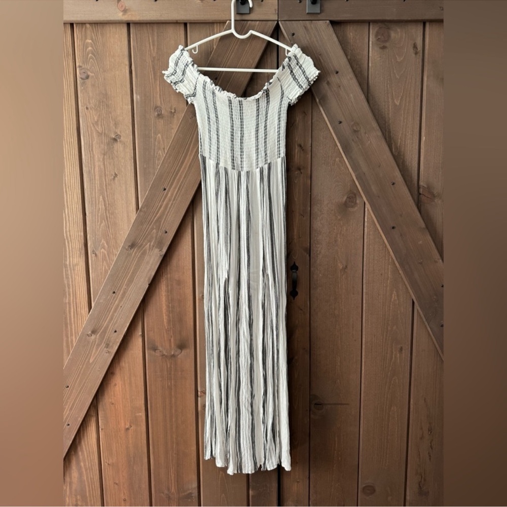 Rip Curl Cream and Black Striped Off-Shoulder Maxi Dress